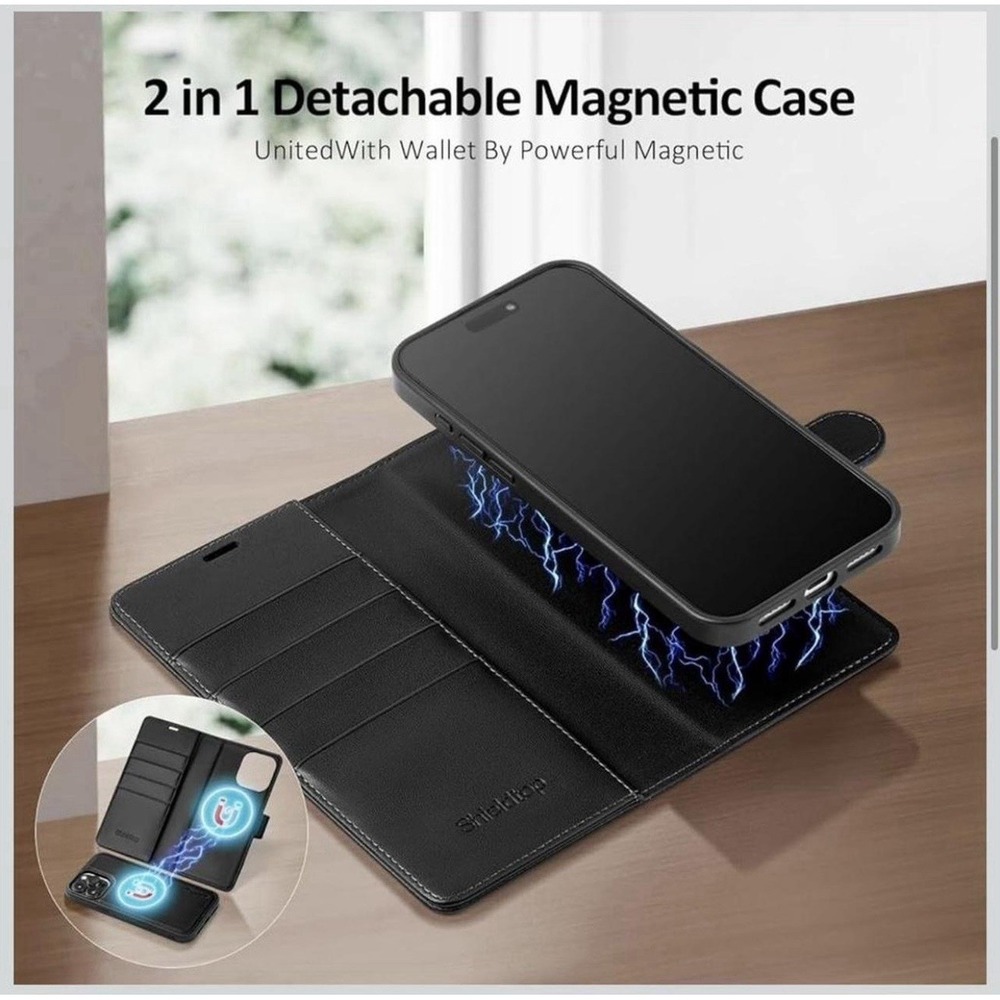 Shieldtop Leather Wallet Case for iPhone 14 Pro Max Black Magnetic Card Pocket - Picture 7 of 8